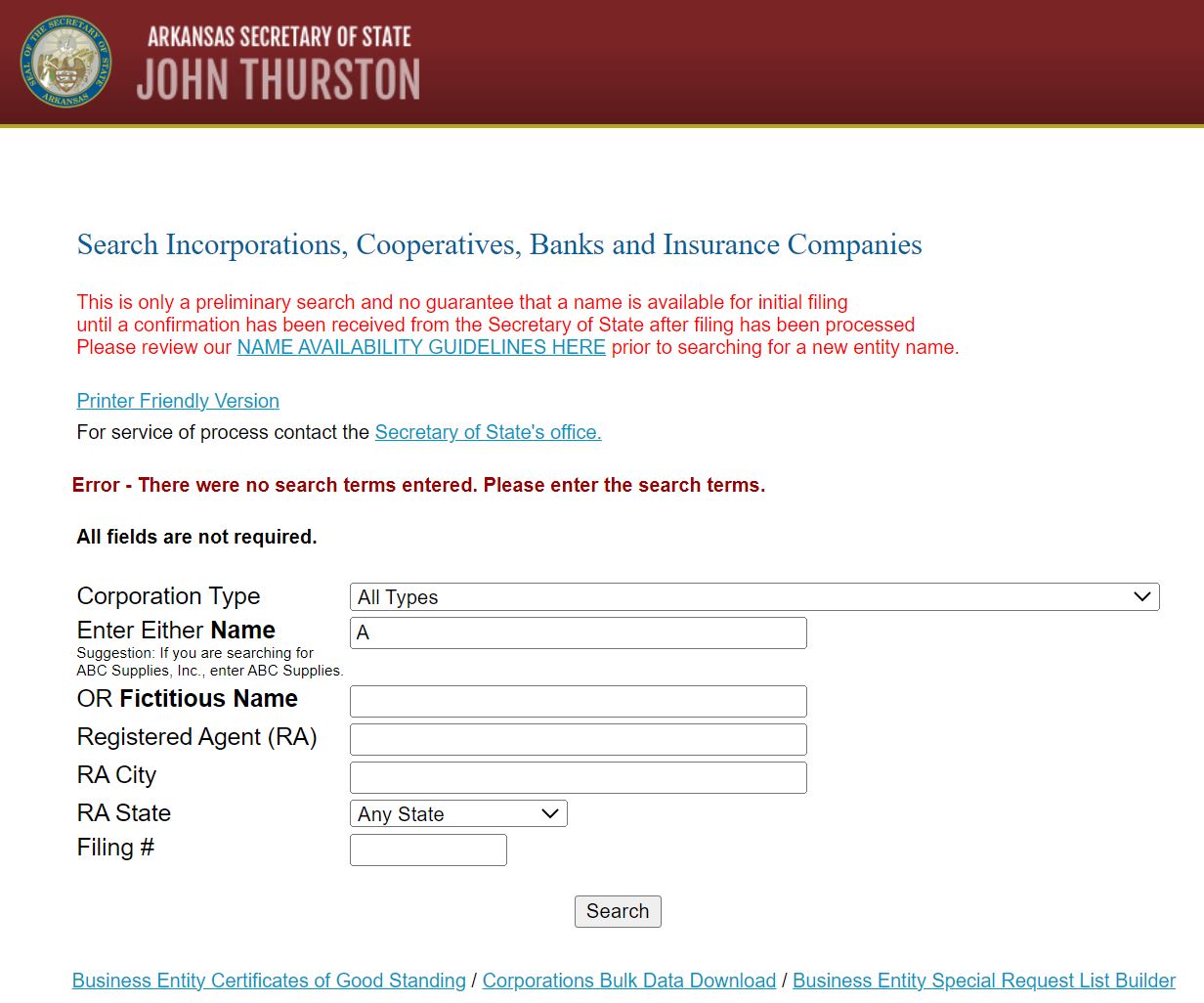 Arkansas  Business Search Step 1