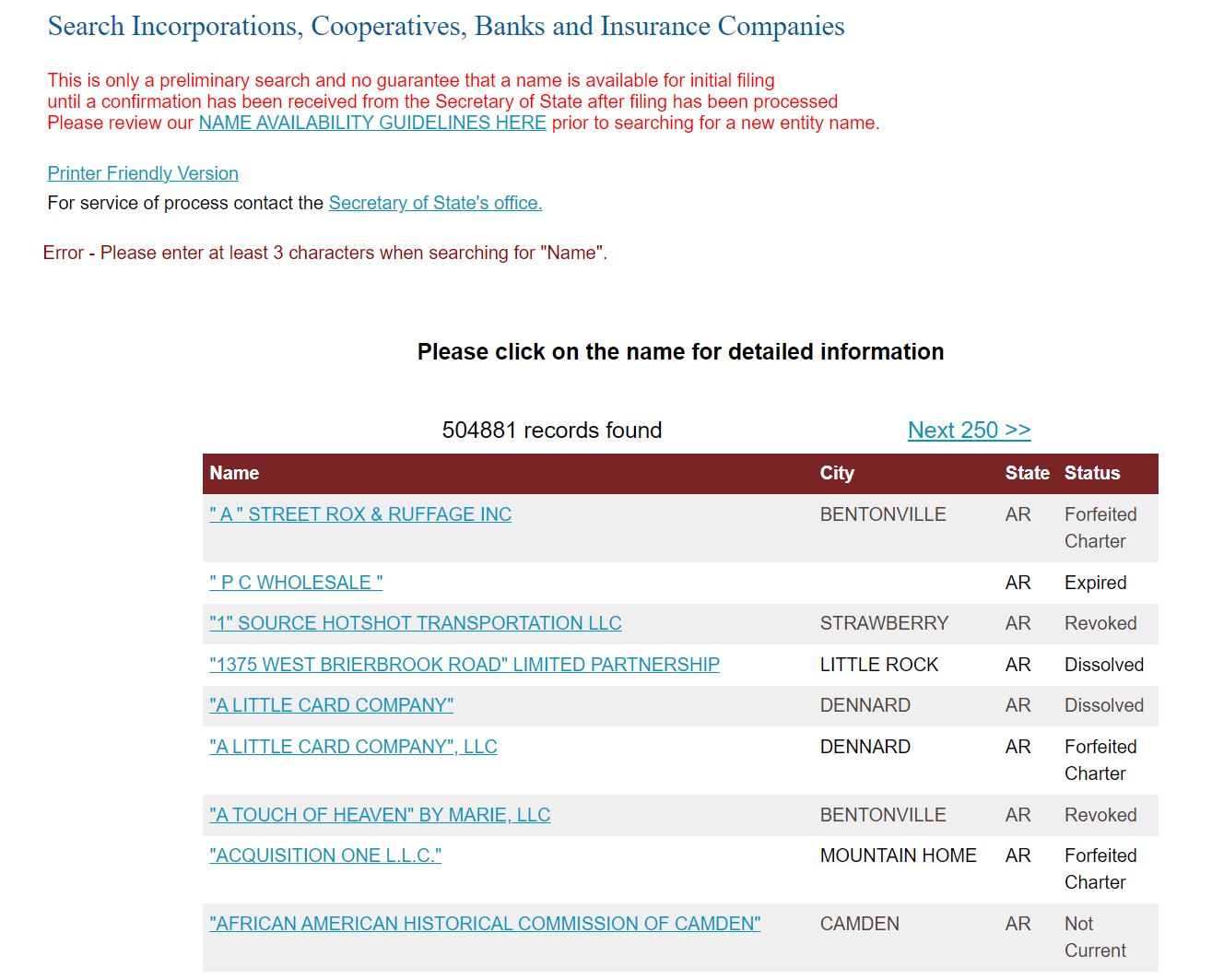 Arkansas Business Search Step 2