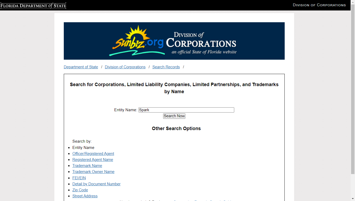 Florida Business Search Step 2