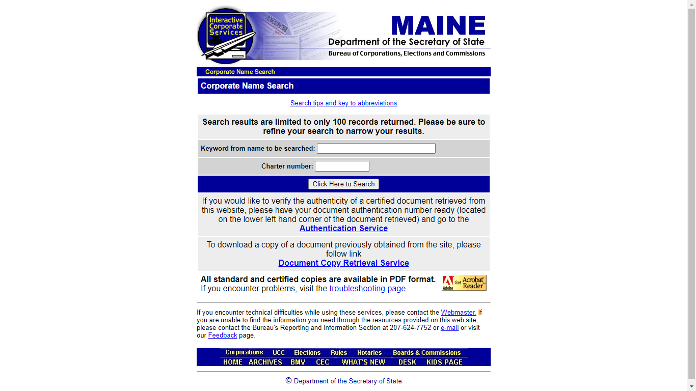 Maine Business Search Step 1