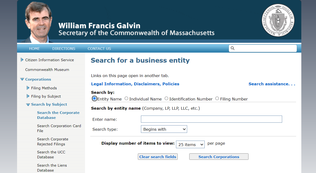 Massachusetts Business Search Step 1