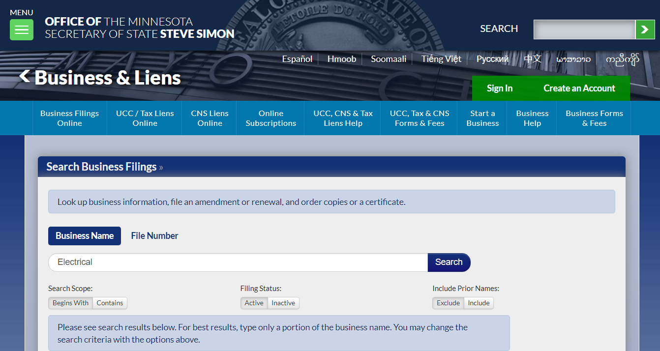 Minnesota Secretary of State Business Entity Search