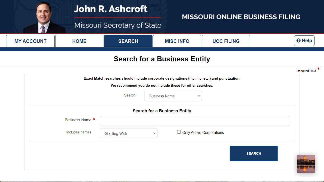 Missouri Business Search Step 1