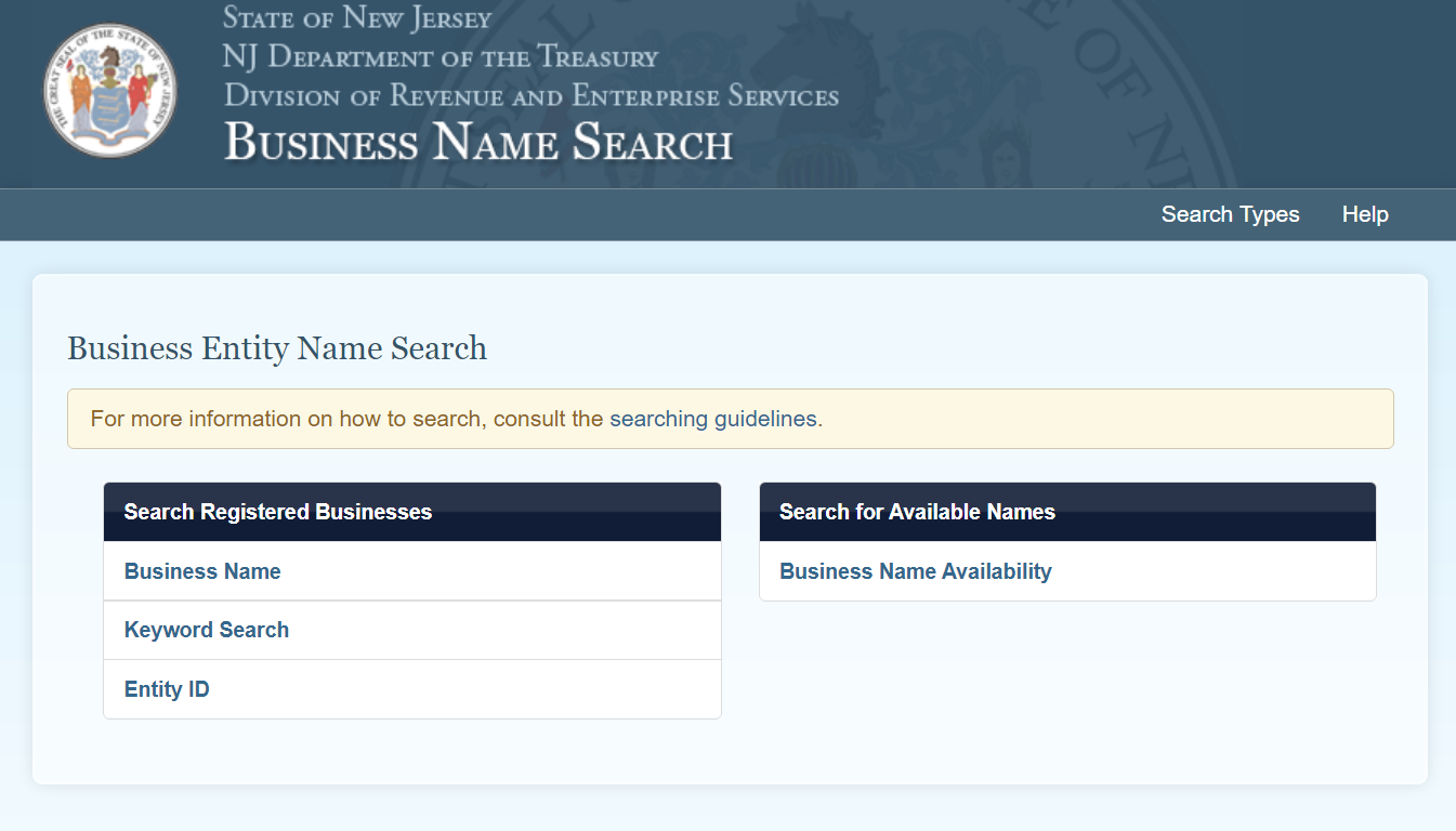 New Jersey Business Search Step 1
