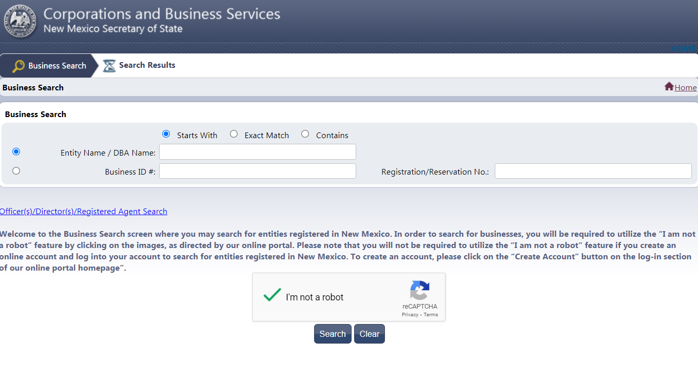 New Mexico Business Search Step 1