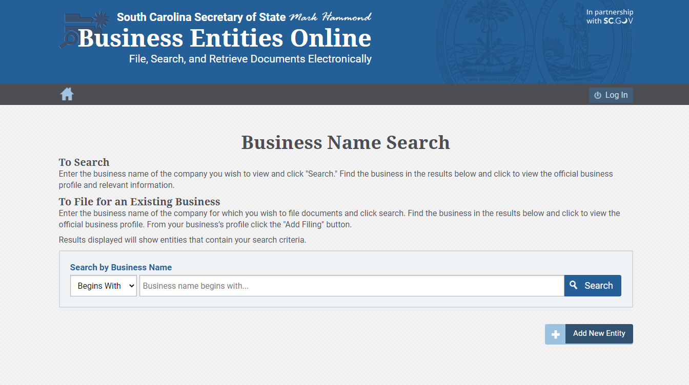 South Carolina Business Search Step 1
