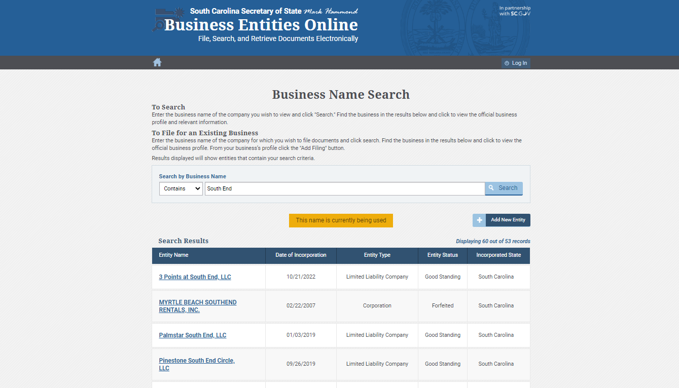 South Carolina Business Search Step 2