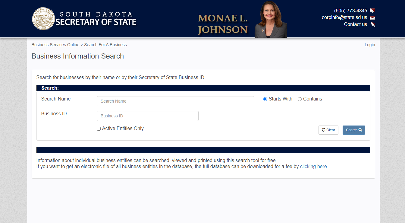 South Dakota Business Search Step 1