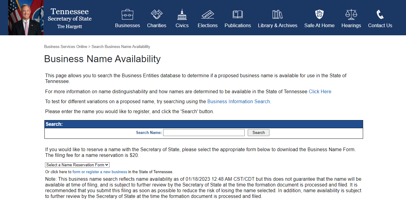 Tennessee Business Search Step 1