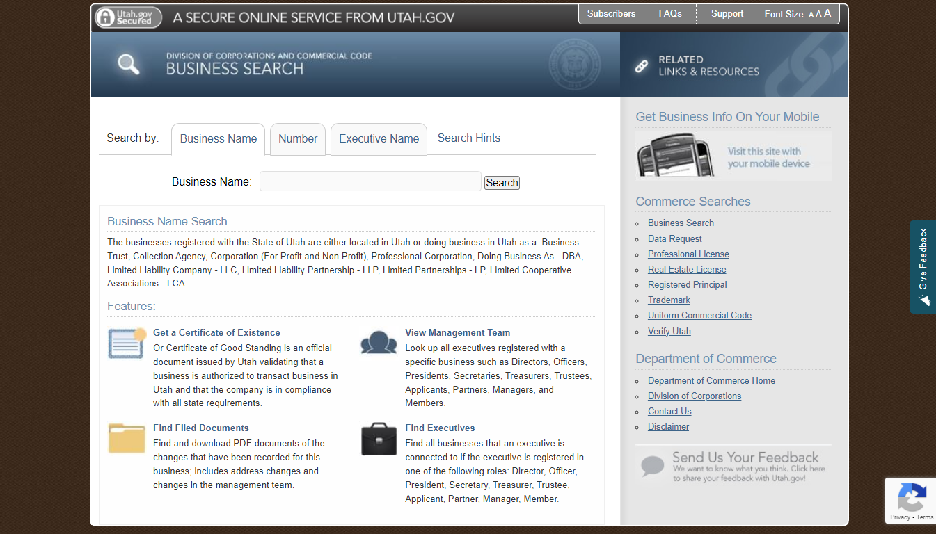 Utah Business Search Step 1