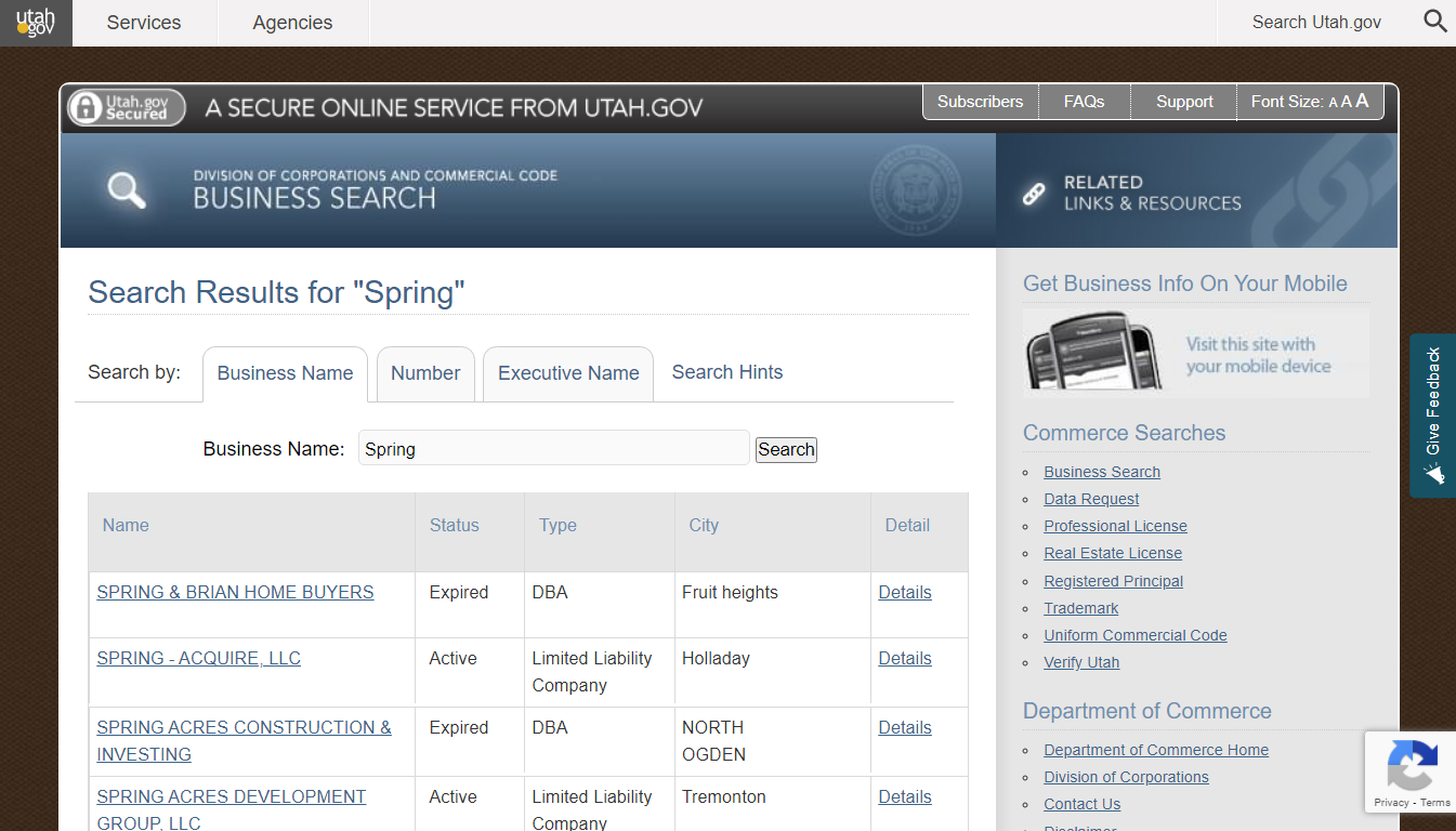 Utah Business Search Step 2
