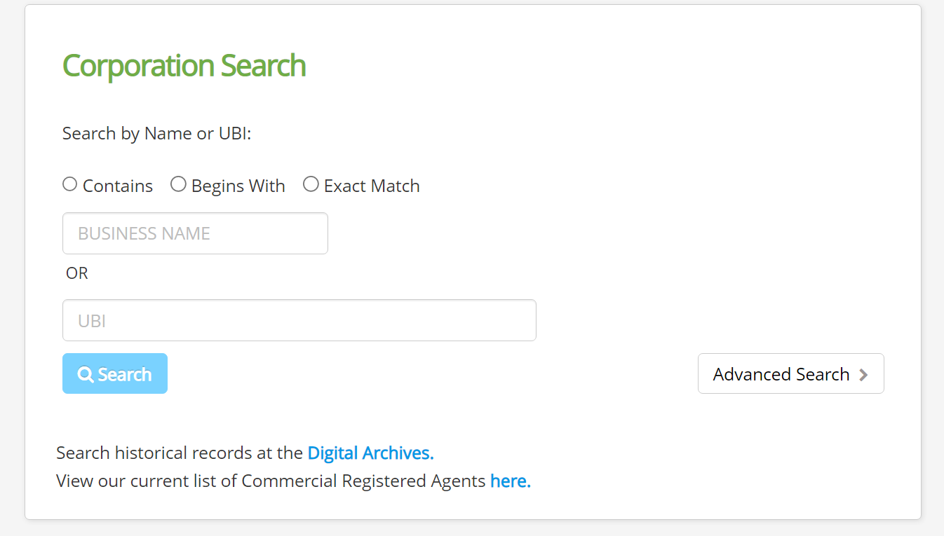 Washington Business Search Step 1