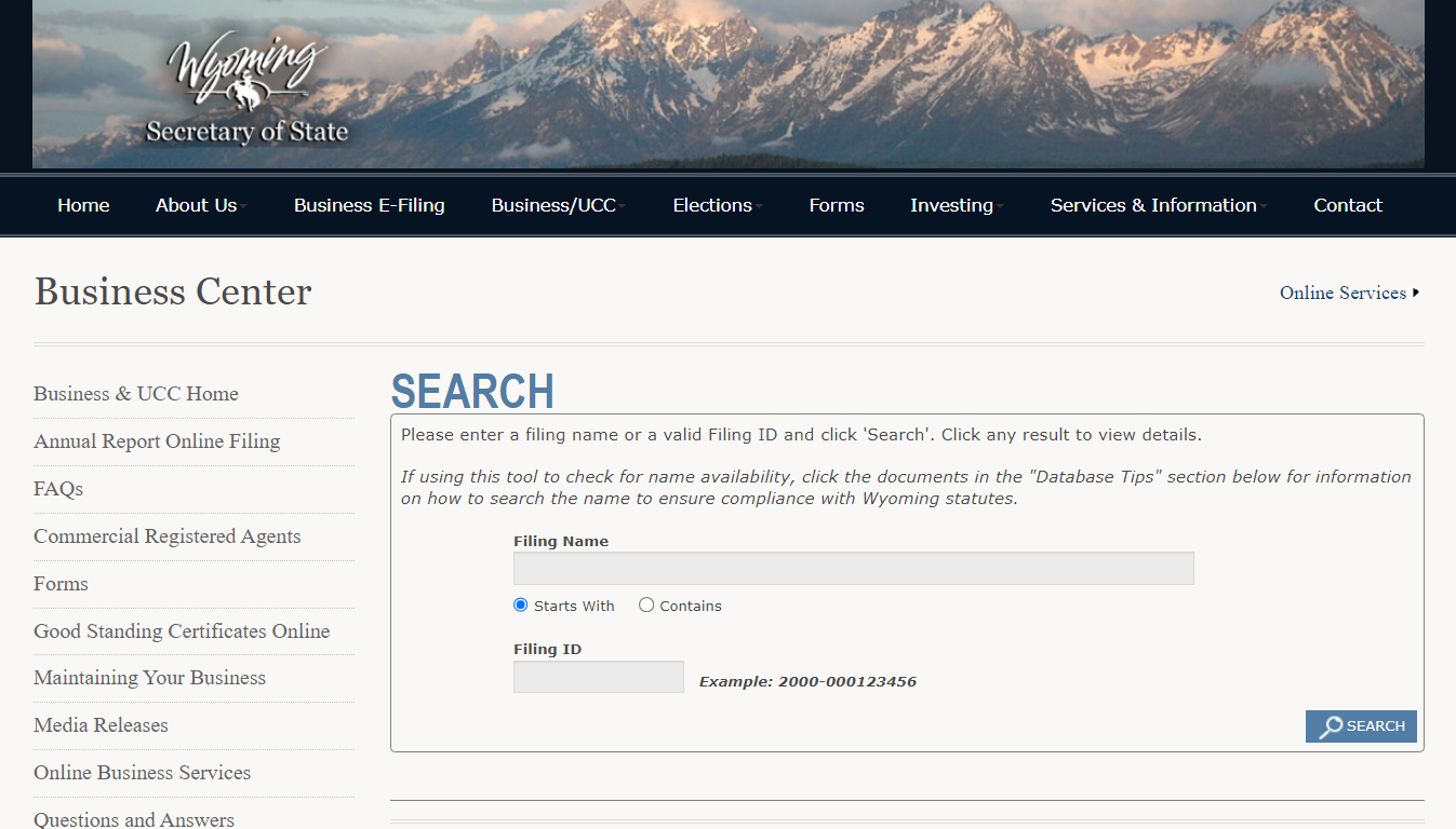 Wyoming Business Search Step 1