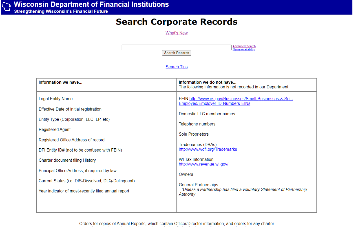 Wisconsin Business Search Step 1