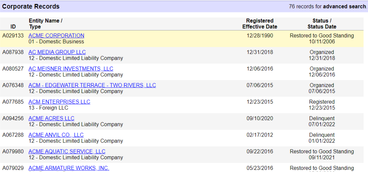 Wisconsin Business Search Step 2