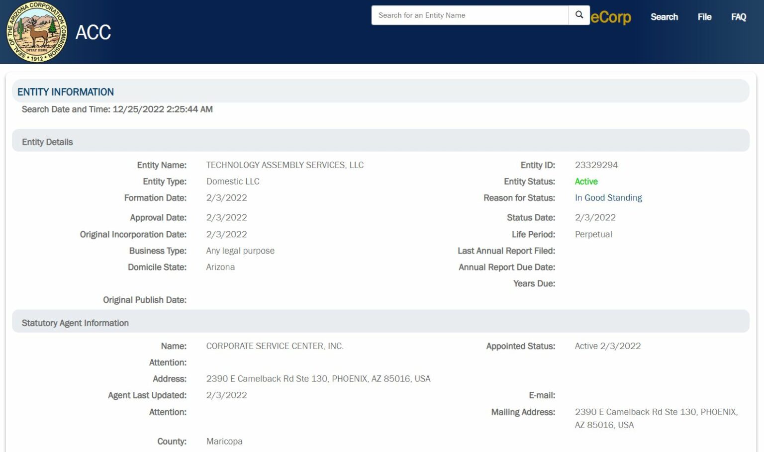 Arizona Secretary of State Business Entity Search