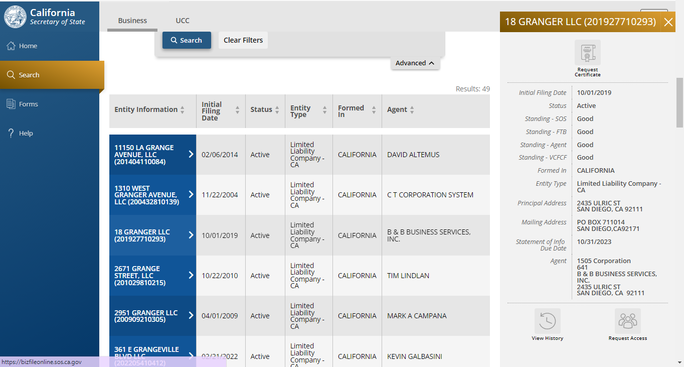 California Secretary of State Business Entity Search