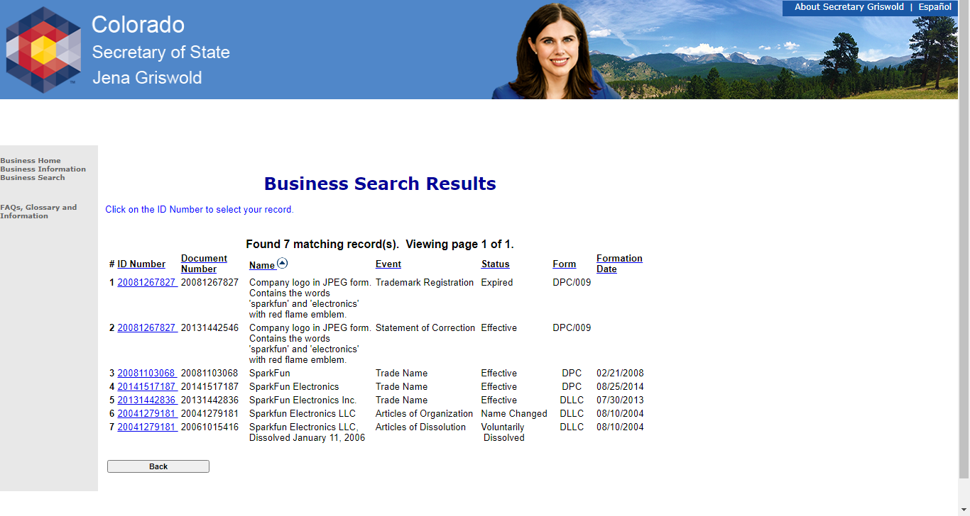 Colorado Business Search Step 2