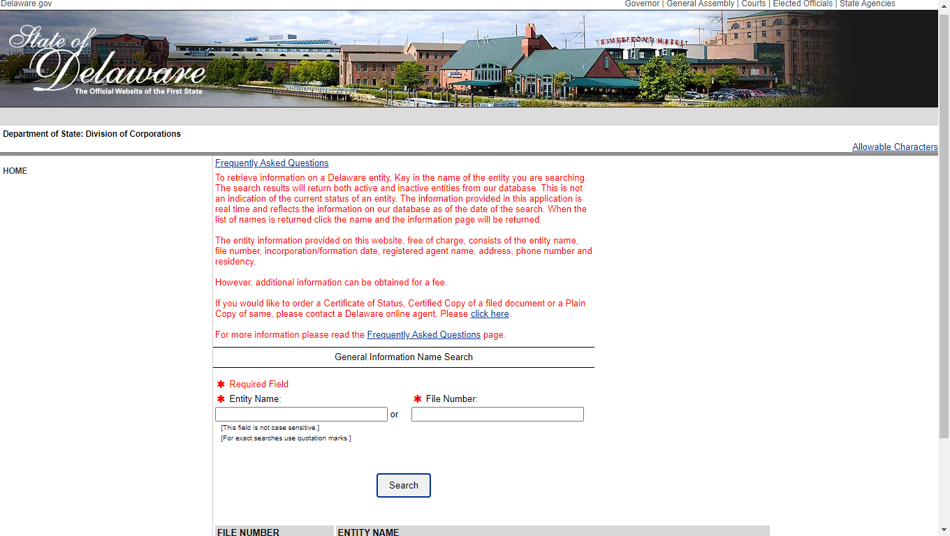 Delaware Business Search Step 1